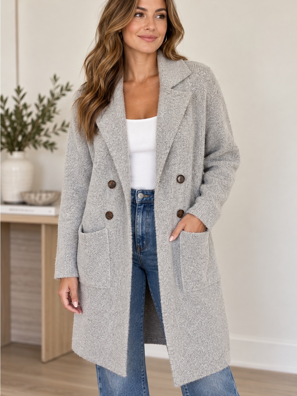 Pink Clover XL Gray Long Sweater Coat Cardigan Blazer Double Breasted